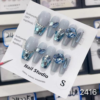 blue diamond love press on nails