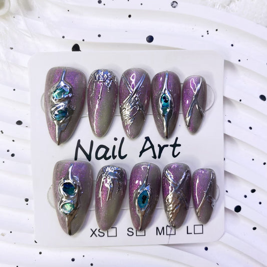 Handmade Press-on Nails Baroque Aurora Transparent Black 3D Metal Shape Almond Nails