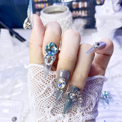 Cat Eye Blue Press-On Nails  Handmade Luxury Rhinestone Glam for Baddie Style