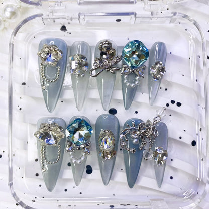 Cat Eye Blue Press-On Nails  Handmade Luxury Rhinestone Glam for Baddie Style