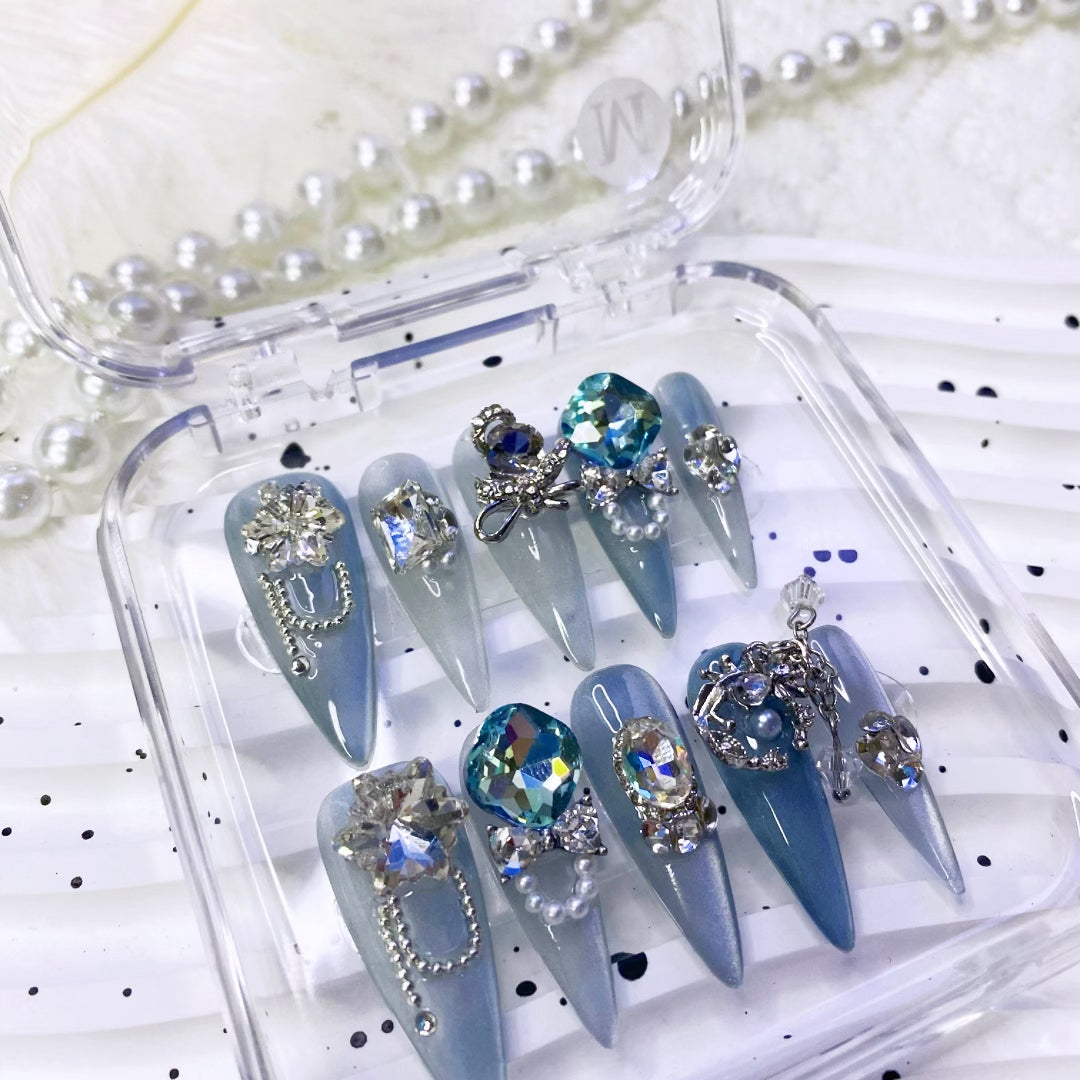 Cat Eye Blue Press-On Nails  Handmade Luxury Rhinestone Glam for Baddie Style