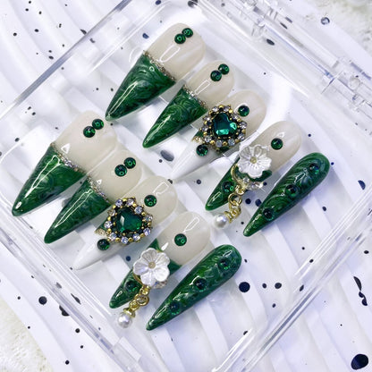 Luxury Emerald Green Press-On Nails  High-Impact Sparkling Miao Ethnic Style Detachable False Nails