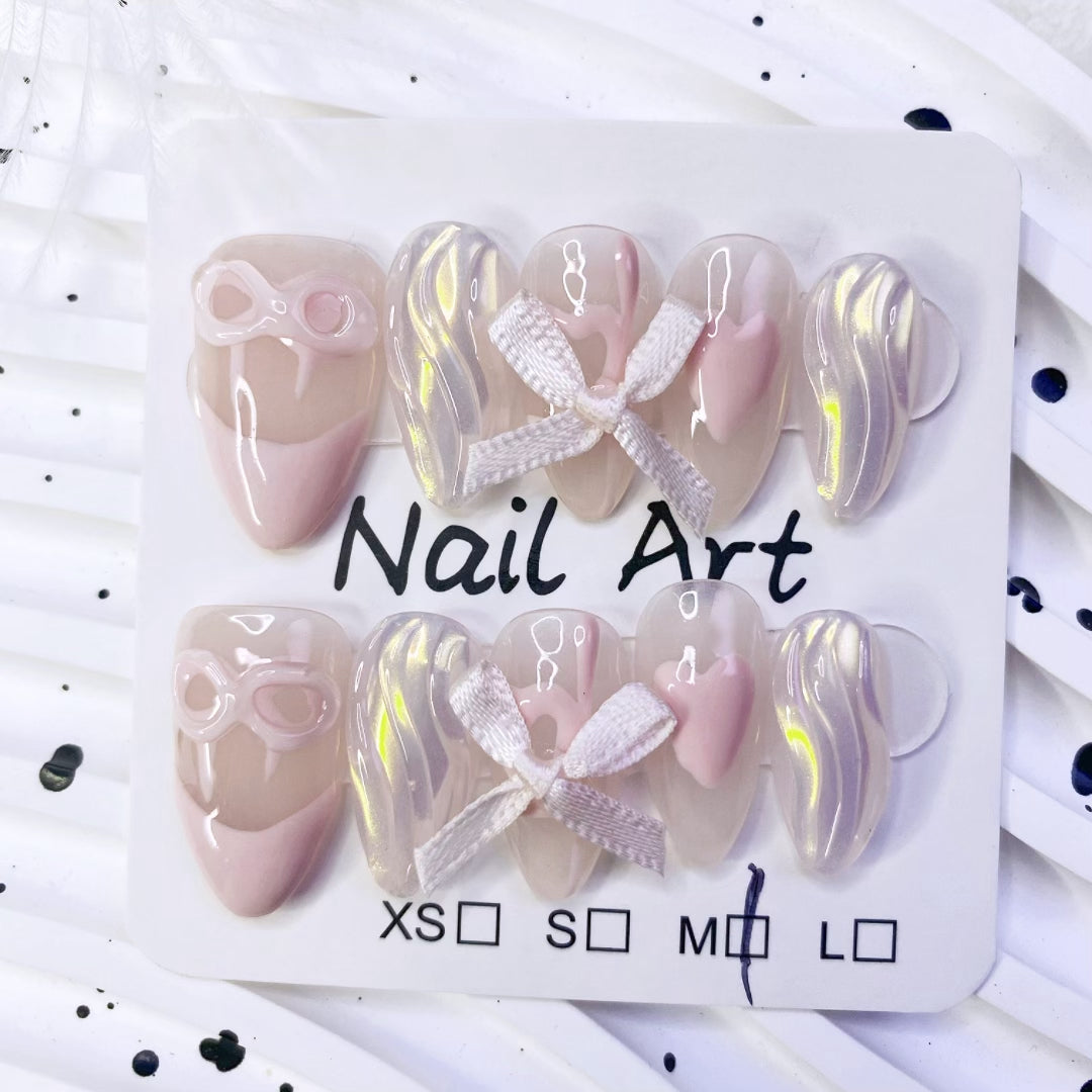 INS style Cute Pink Press on nail  interactive French Almond Shape False Nails