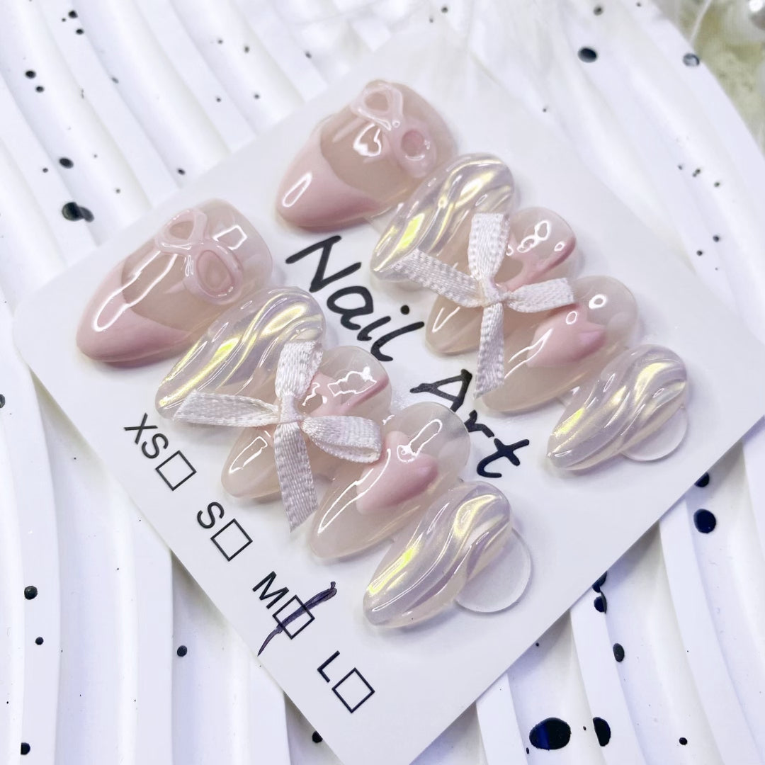 INS style Cute Pink Press on nail  interactive French Almond Shape False Nails