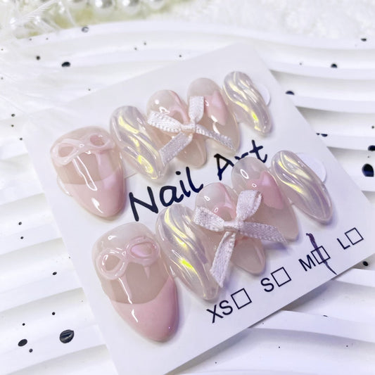 INS style Cute Pink Press on nail  interactive French Almond Shape False Nails