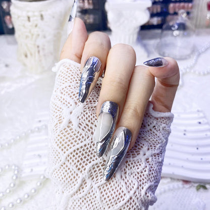 Irregular 3D Metal Silver Chrome Mirror Powder Nails | Handmade Cool Tone Press-On Nails