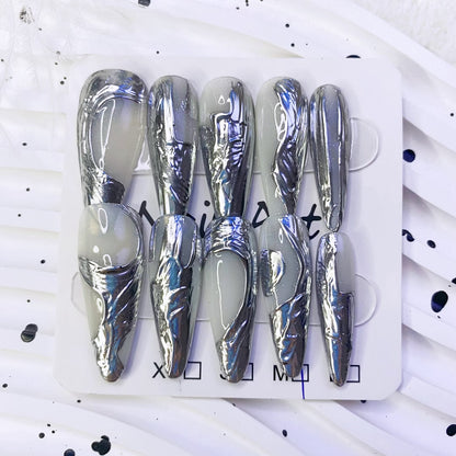 Irregular 3D Metal Silver Chrome Mirror Powder Nails | Handmade Cool Tone Press-On Nails