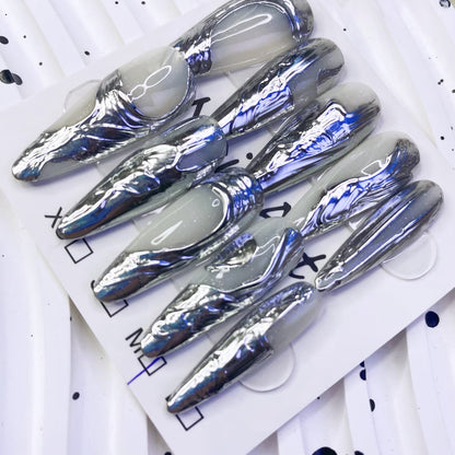 Irregular 3D Metal Silver Chrome Mirror Powder Nails | Handmade Cool Tone Press-On Nails