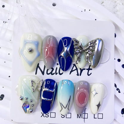 Handmade Y2K Sweet & Spicy Almond Nails | 3D Metal Butterfly Design | Trendy Colorful INS Style