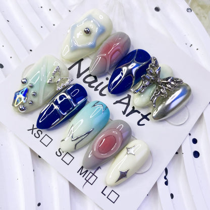 Handmade Y2K Sweet & Spicy Almond Nails | 3D Metal Butterfly Design | Trendy Colorful INS Style