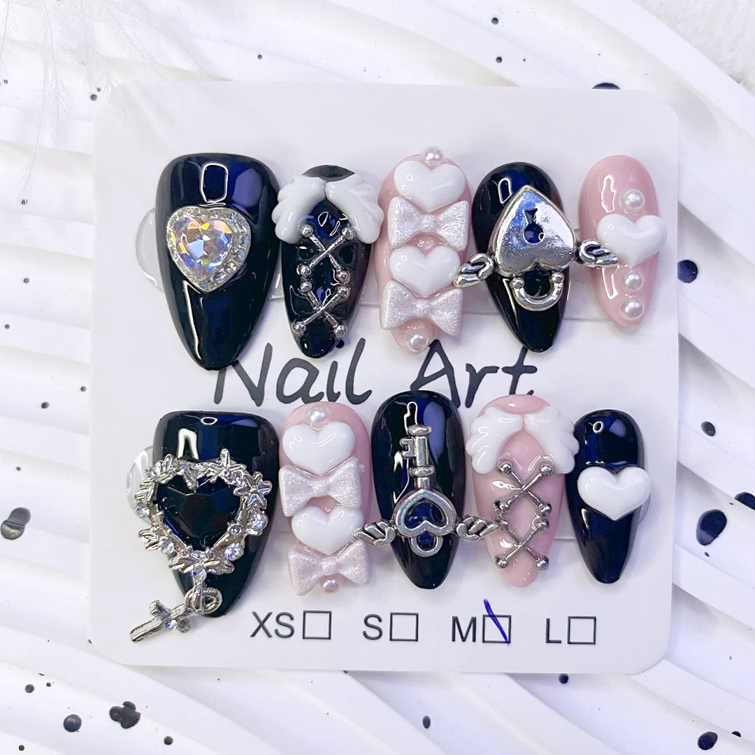 Handmade Y2K Baddie Black and Pink Press-On Nails | Sweet and Spicy