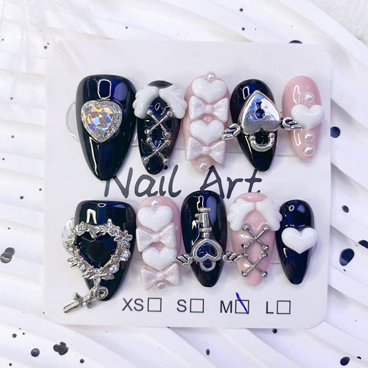 Handmade Y2K Baddie Black and Pink Press-On Nails | Sweet and Spicy