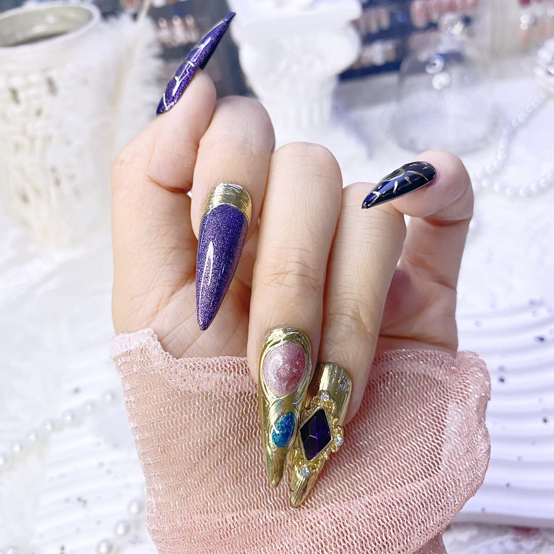 Long-Pointed Purple Press-On Nail ,Light Luxury, Heavy Industry, Irregular Cat-Eye Handmade Nails