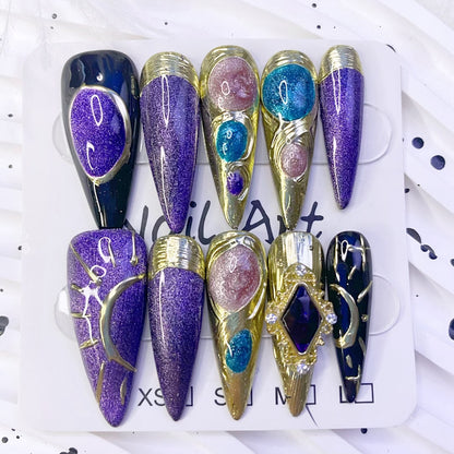 Long-Pointed Purple Press-On Nail ,Light Luxury, Heavy Industry, Irregular Cat-Eye Handmade Nails