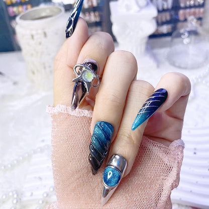 Sweet & Spicy Blue Black Handmade Press-On Nails | Intricate Metal Embossed Design | Long Stiletto Style