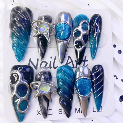 Sweet & Spicy Blue Black Handmade Press-On Nails | Intricate Metal Embossed Design | Long Stiletto Style