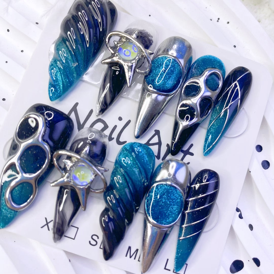 Sweet & Spicy Blue Black Handmade Press-On Nails | Intricate Metal Embossed Design | Long Stiletto Style