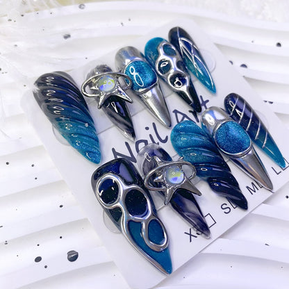 Sweet & Spicy Blue Black Handmade Press-On Nails | Intricate Metal Embossed Design | Long Stiletto Style