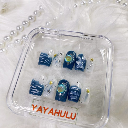 blue starry sky press on nails