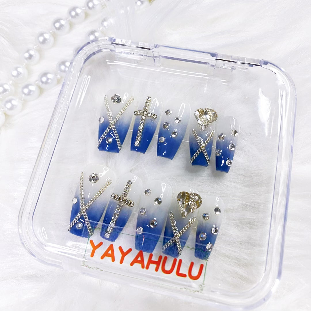 blue chain diamond press on nails