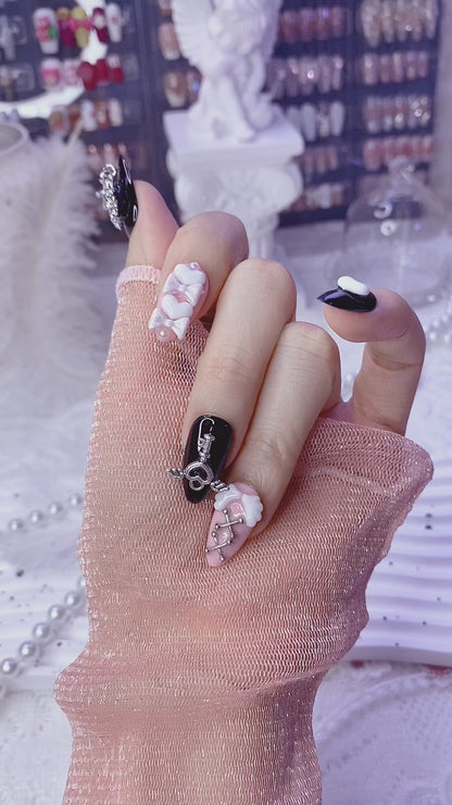 Handmade Y2K Baddie Black and Pink Press-On Nails | Sweet and Spicy