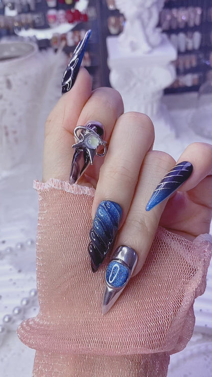 Sweet & Spicy Blue Black Handmade Press-On Nails | Intricate Metal Embossed Design | Long Stiletto Style