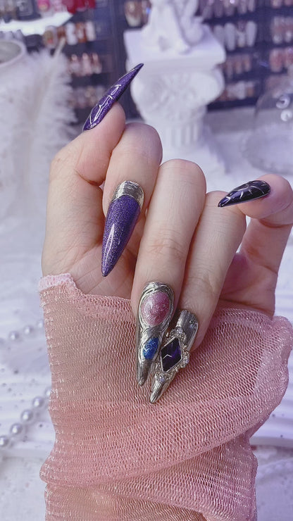 Long-Pointed Purple Press-On Nail ,Light Luxury, Heavy Industry, Irregular Cat-Eye Handmade Nails