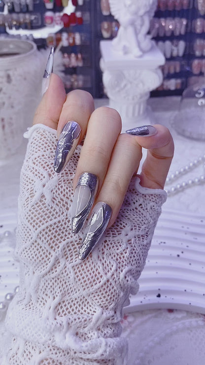 Irregular 3D Metal Silver Chrome Mirror Powder Nails | Handmade Cool Tone Press-On Nails