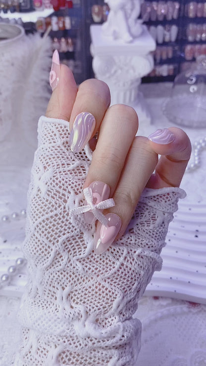 INS style Cute Pink Press on nail  interactive French Almond Shape False Nails